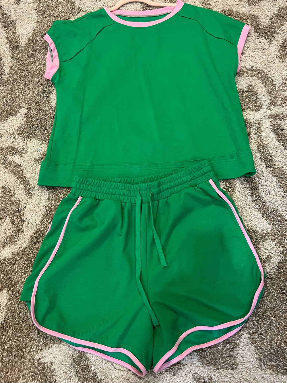 Green Drawstring Athletic Shorts with Pink Trim
